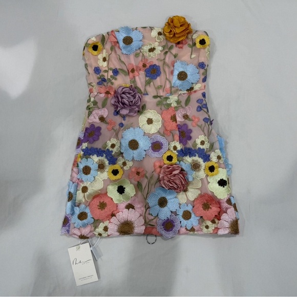Strapless Flower Embroidered Mini Dress Pink | Bouquet Maraya Pastel Multi (M) - Picture 4 of 12